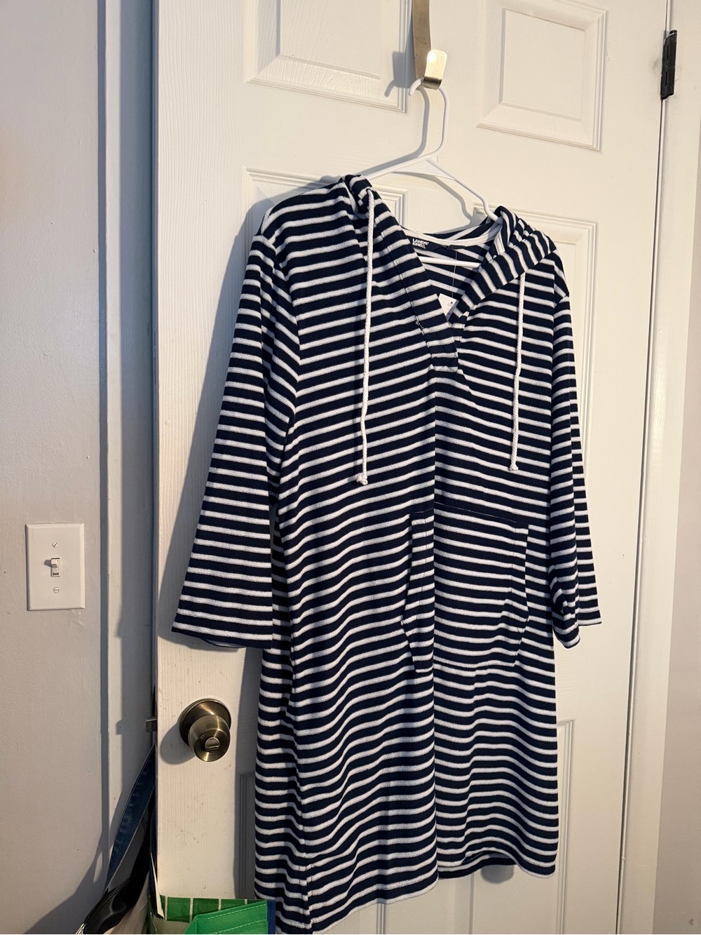 Land’s End Women’s Navy and White Striped Hooded Swim Coverup